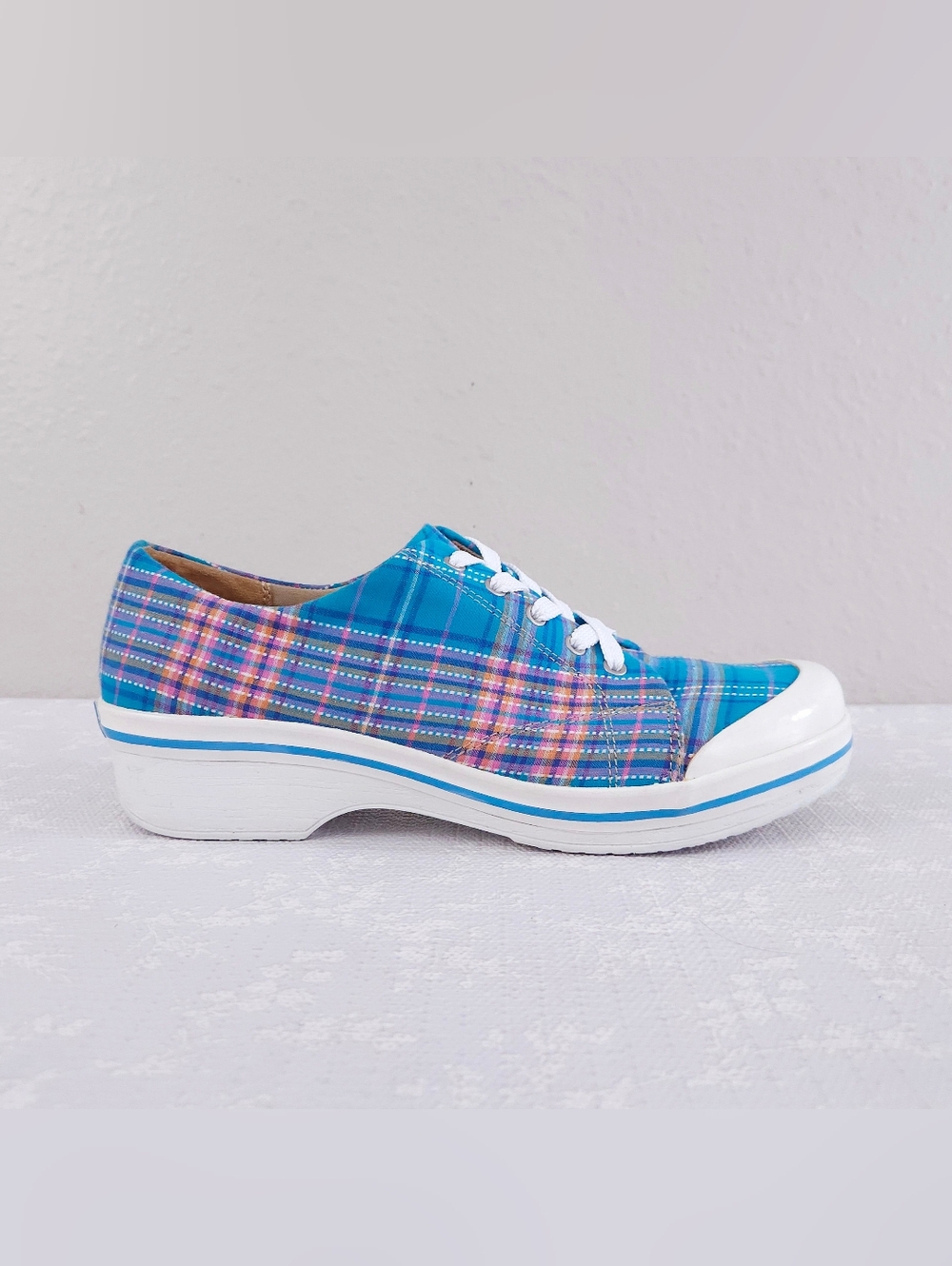 DANSKO Veda Vegan Clogs Lace-Up Sneakers EU 42 Blue Pink Plaid - Picture 3 of 10
